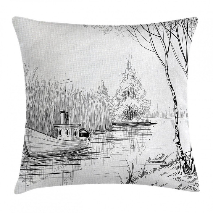 Black White Boat River Art Printed Cushion Cover