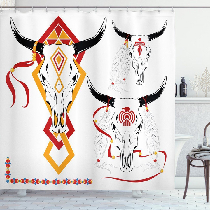 Bulls Head With Feather 3d Printed Shower Curtain Bathroom Decor