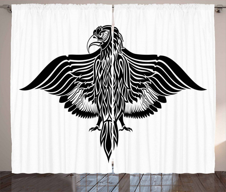 Black Traditional Heraldic Bird In White Printed Window Curtain Home Decor