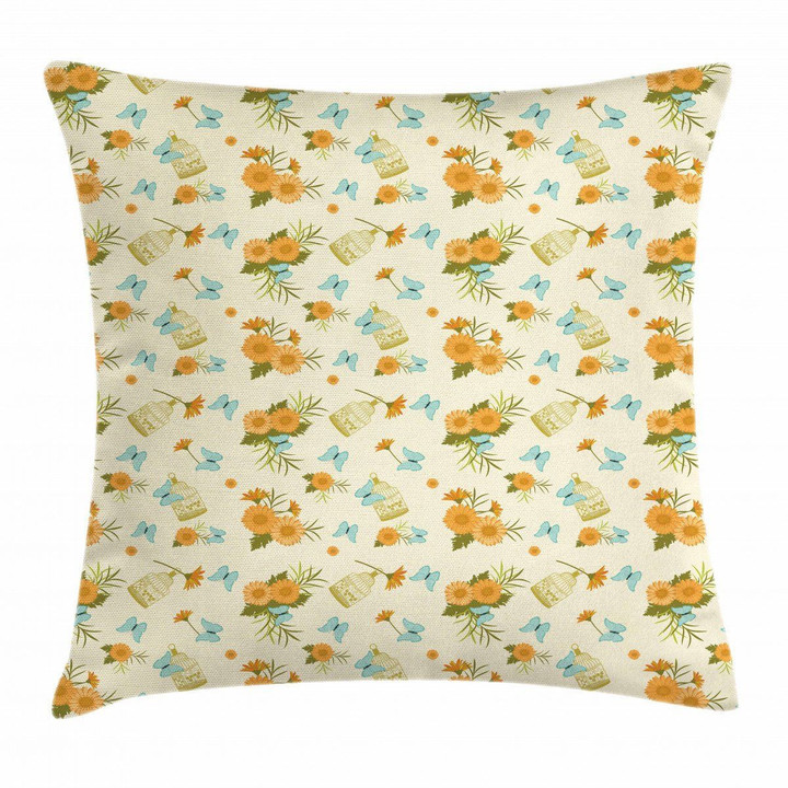 Gerbera Butterfly Cage Flower Pattern Printed Cushion Cover