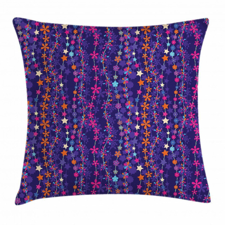 Wavy Stars And Blooms Dark Purple Art Pattern Printed Cushion Cover