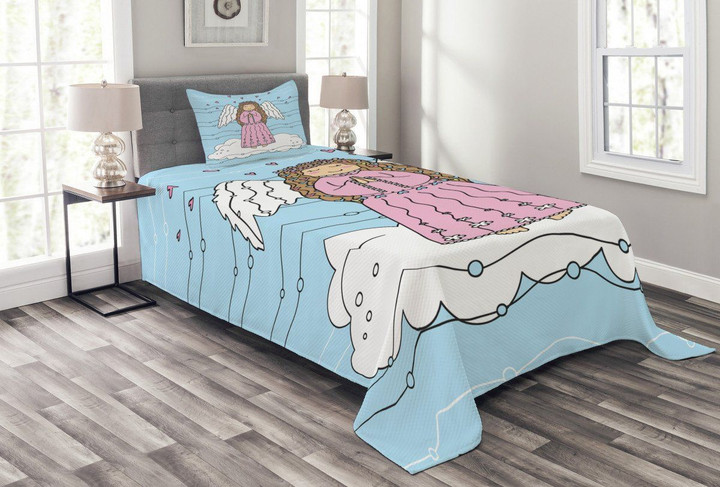 Doodle Girl On Cloud 3D Printed Bedspread Set