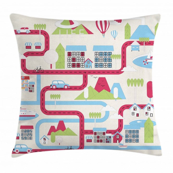 Cartoon Downtown Motif Colorful Pattern Cushion Cover