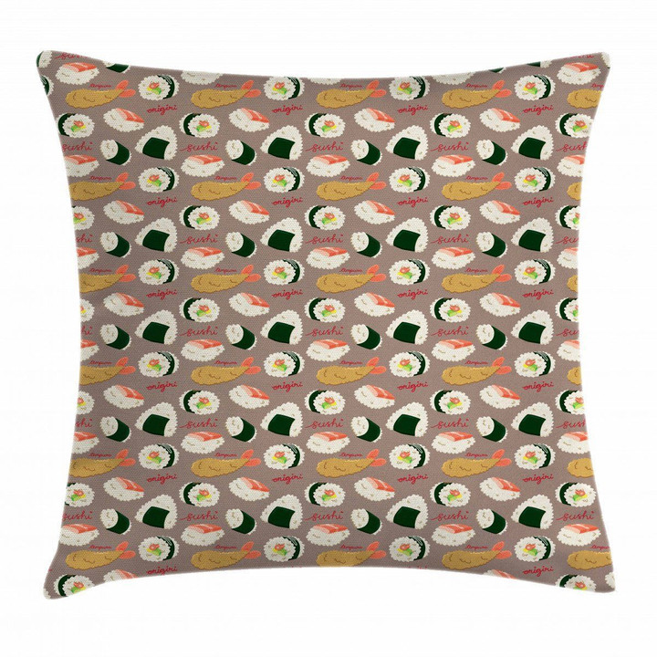 Delicious Onigiri And Tempura Art Pattern Printed Cushion Cover