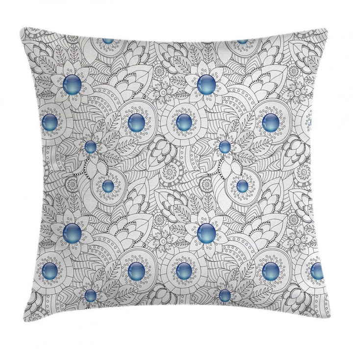 Flowers With Blue Dots Art Printed Cushion Cover