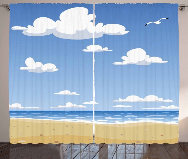Cartoon Drawing Clouds On Beach Printed Window Curtain Home Decor