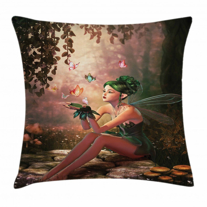 Girl Wings Butterflies Pattern Printed Cushion Cover