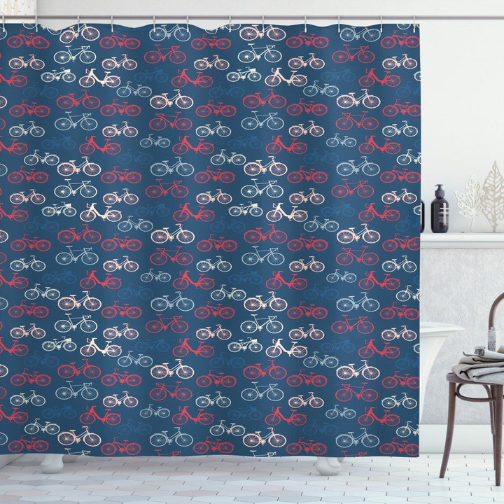 Bike Sketches On Blue Pattern Shower Curtain Home Decor