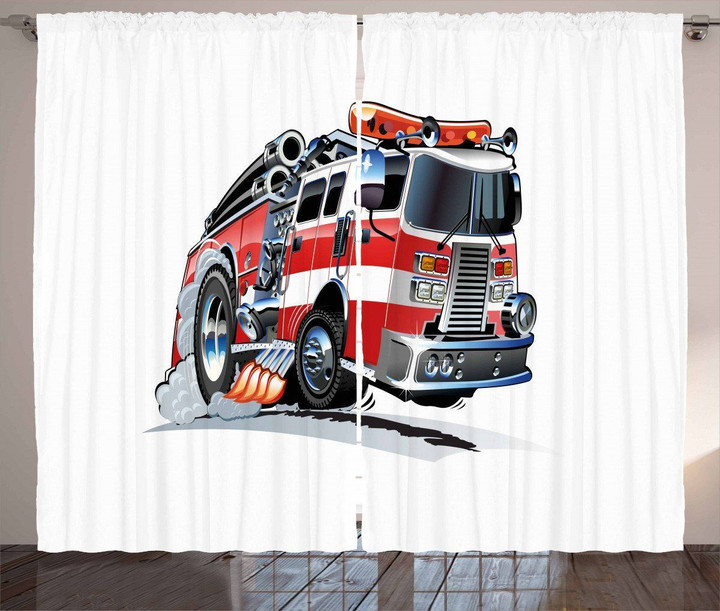Fire Department Lorry White Background Window Curtain Home Decor