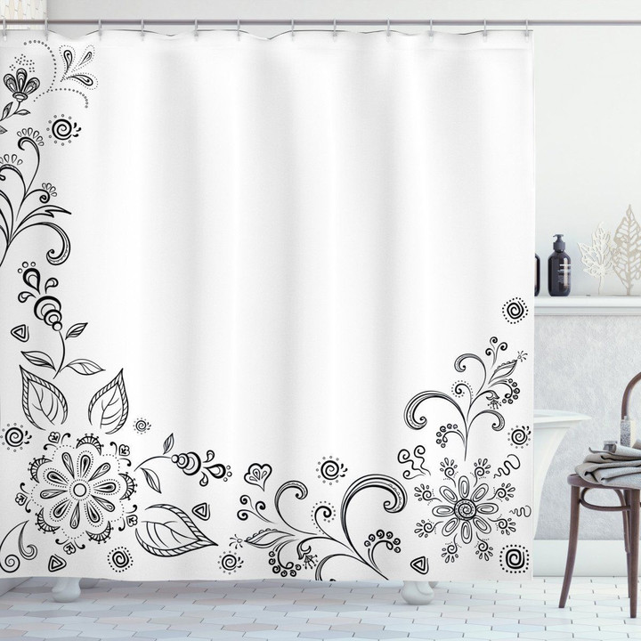 Botanical Sketchy Bouquet White 3d Printed Shower Curtain Bathroom Decor