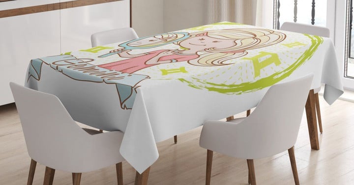 Girl With Mirror Cartoon Printed Tablecloth Home Decor