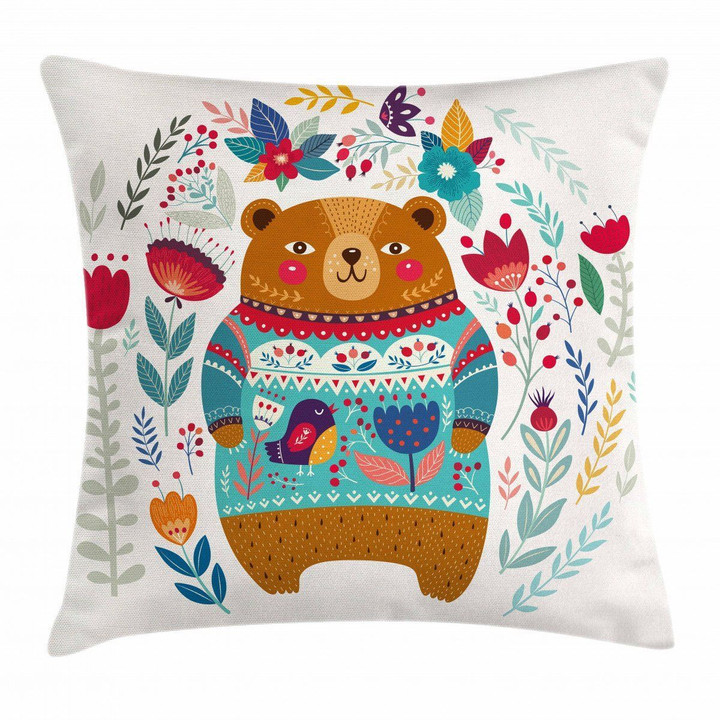 Cartoon Bear Flowers Pattern Printed Cushion Cover