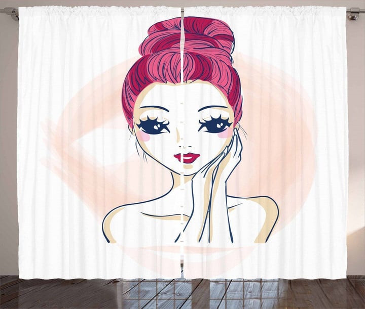 Pink Updo Bun Hairstyle Pattern Window Curtain Home Decor