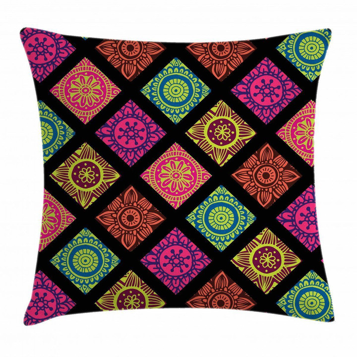 Flower Mandala Tile Colorful Art Pattern Printed Cushion Cover