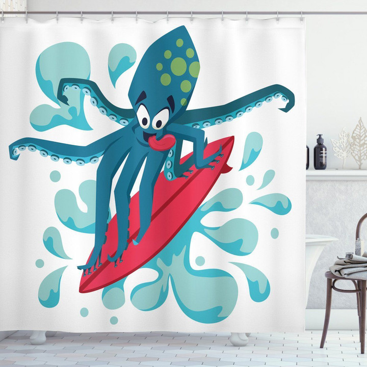 Surfer Octopus Skating Printed Shower Curtain Home Decor