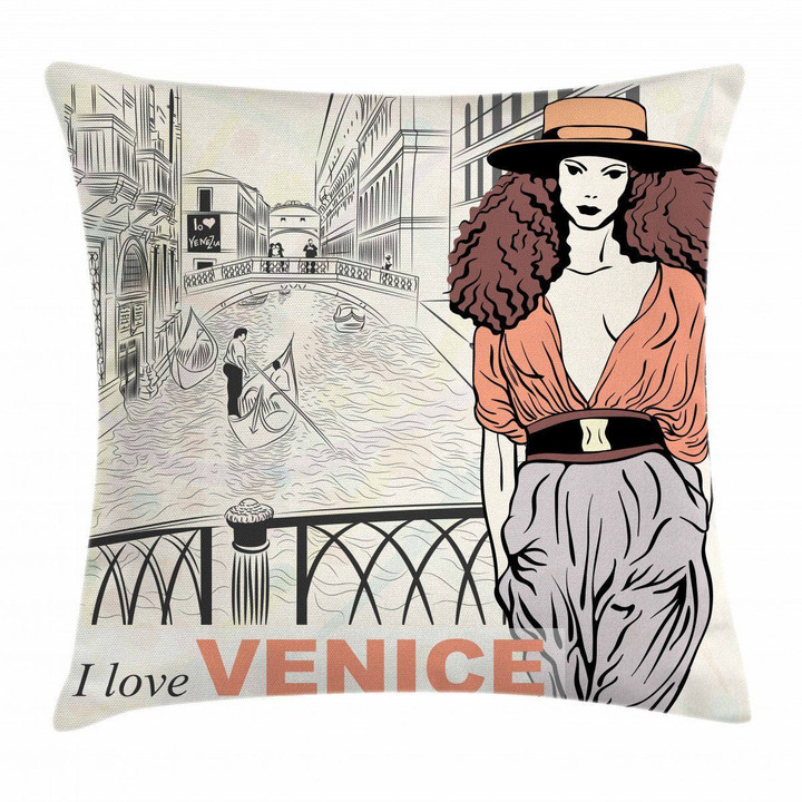 Fashion Girl Canal Italy Art Pattern Printed Cushion Cover