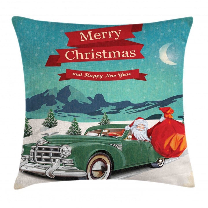 Santa In Classic Car Art Pattern Printed Cushion Cover
