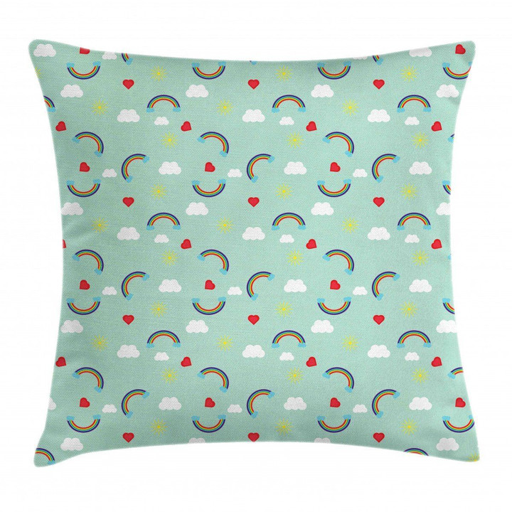 Rainbow Sky Clouds Heart Pattern Printed Cushion Cover