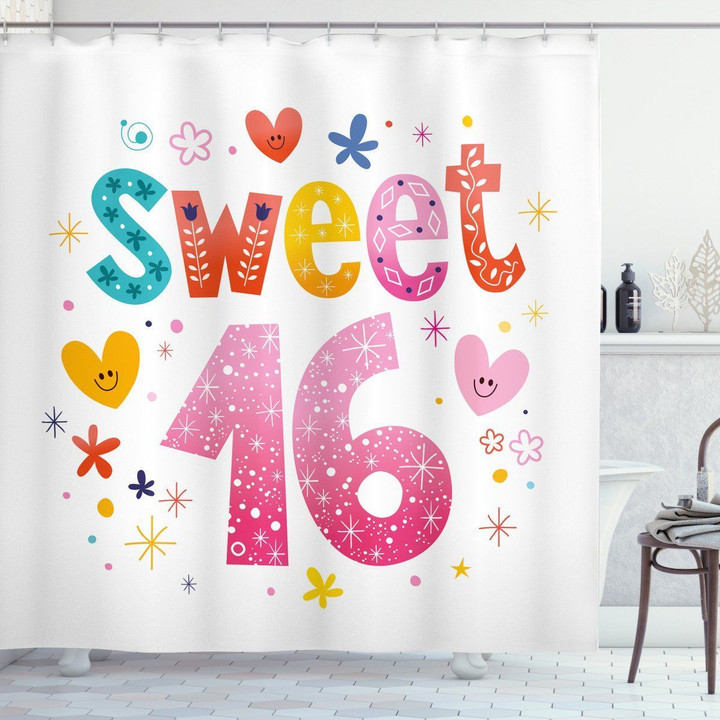 Hearts Flowers Words Sweet 16 Shower Curtain Home Decor
