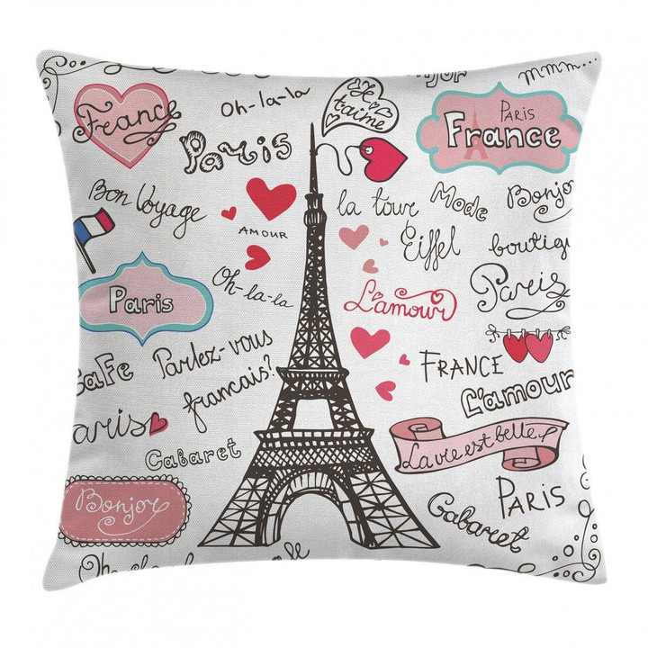 Eiffel Tower Paris Letter Heart Background Printed Cushion Cover