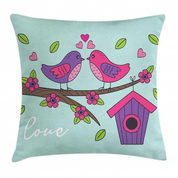Valentines Birds Love Flowers Pattern Art Printed Cushion Cover