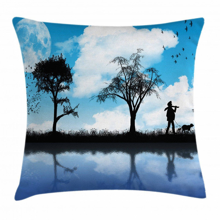 Man Dog Lake Tree Moon Pattern Printed Cushion Cover