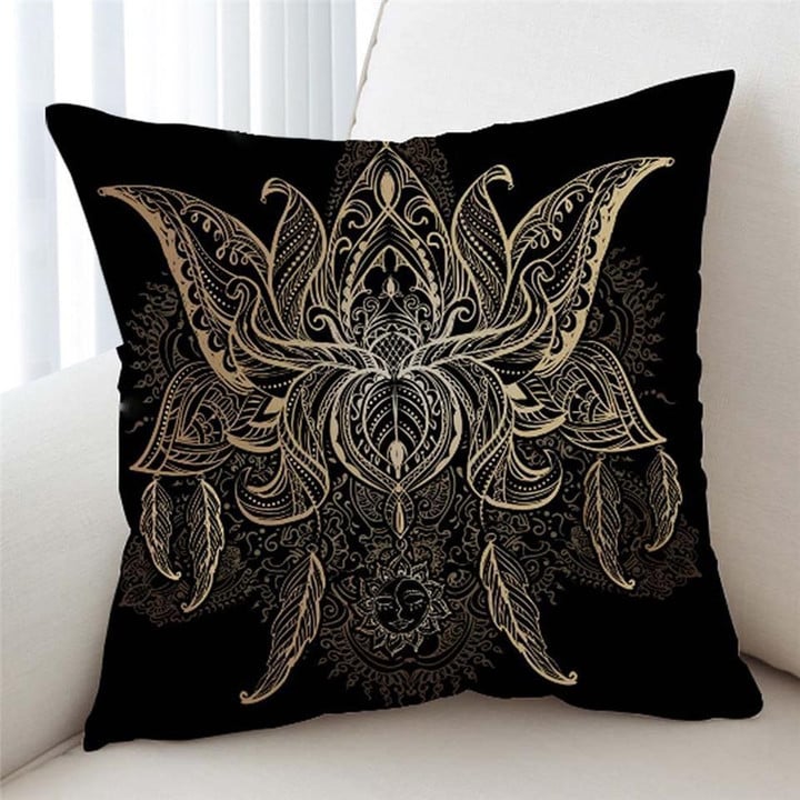 Regal Golden Lotus Black Bohemian Cushion Pillow Cover