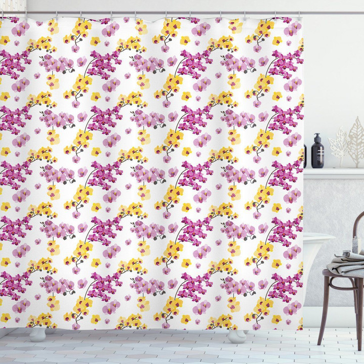Flourishing Orchid Branches Pattern White 3d Printed Shower Curtain Bathroom Decor