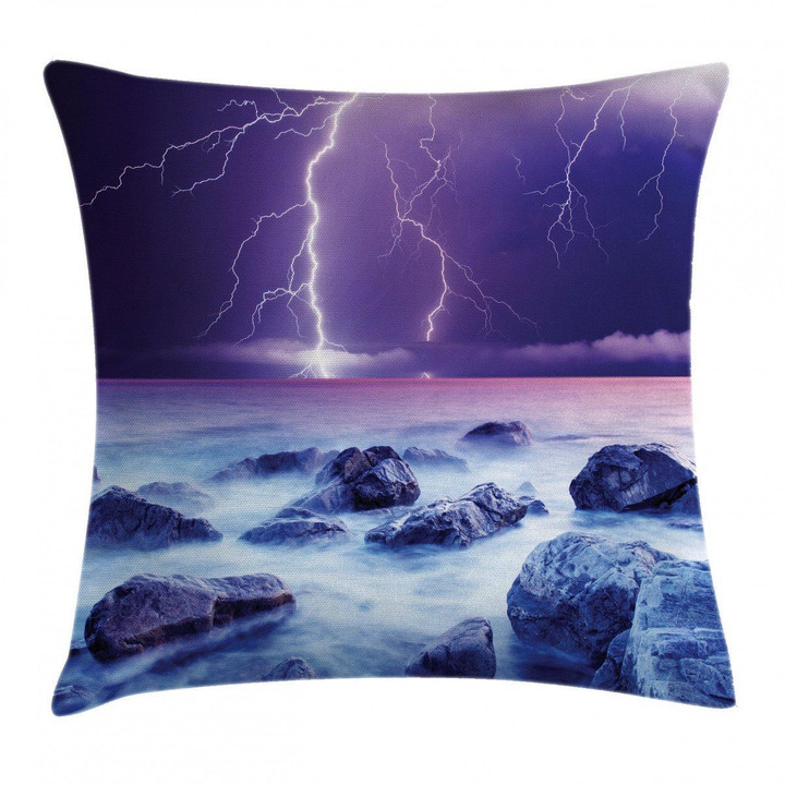 Stormy Sky Ocean Rocks Night Art Pattern Printed Cushion Cover
