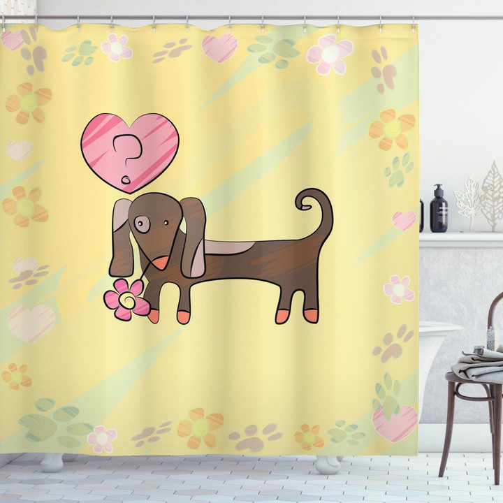 Colorful Dog Design Flower Heart Pattern Shower Curtain Home Decor