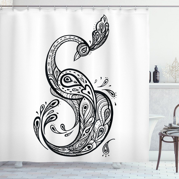 Oriental Peacock Black Pattern Shower Curtain Home Decor