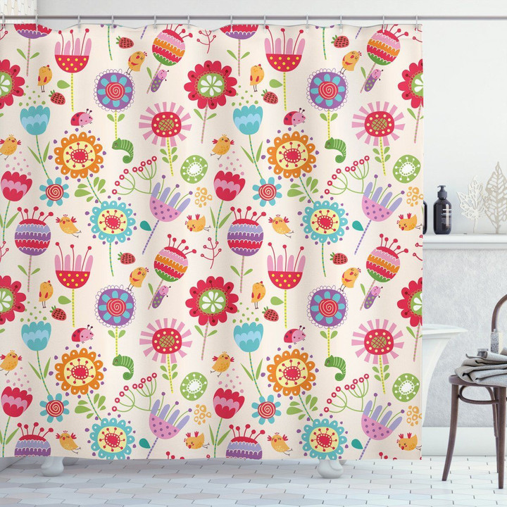 Ladybug Strawberry Bird Pattern Shower Curtain Home Decor