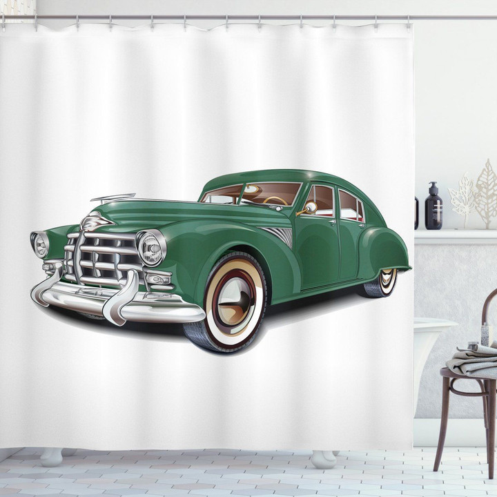 Nostalgic Vintage Green Car Pattern Shower Curtain Home Decor