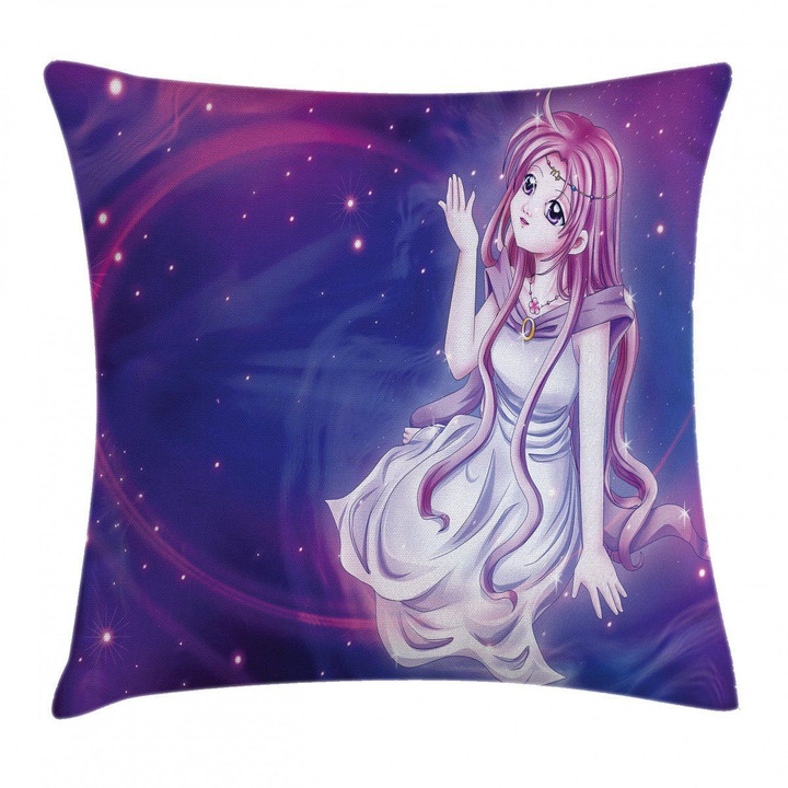 Purple Anime Fairy Sitting Printed Cushion Cover Home Decor