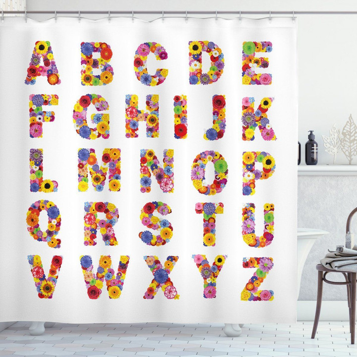 Colorful Flora Alphabet Letter Pattern Shower Curtain Home Decor