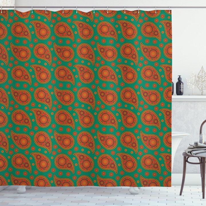 Mandala Floral Orange Green Pattern Shower Curtain Home Decor