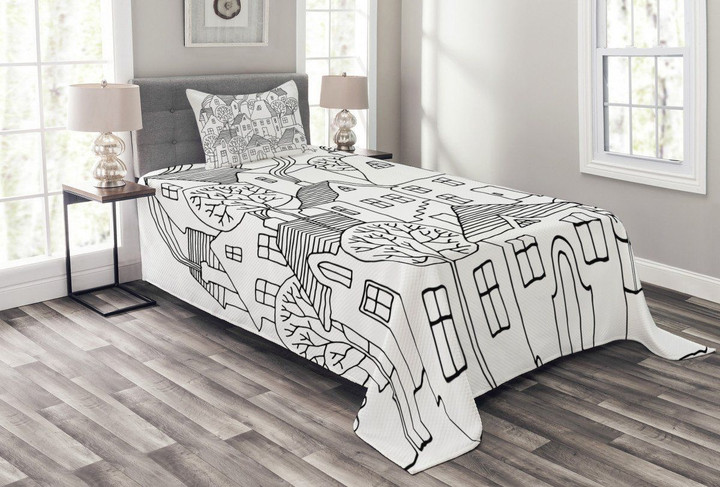 Cartoon House Village 3D Printed Bedspread Set