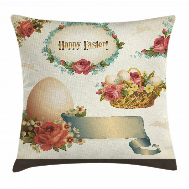 Romantic Flower Basket Happy Easter Art Pattern Printed Cushion Cover