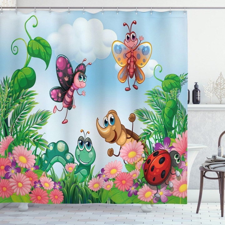 Butterfly Ladybug Worm Garden Pattern Shower Curtain Home Decor