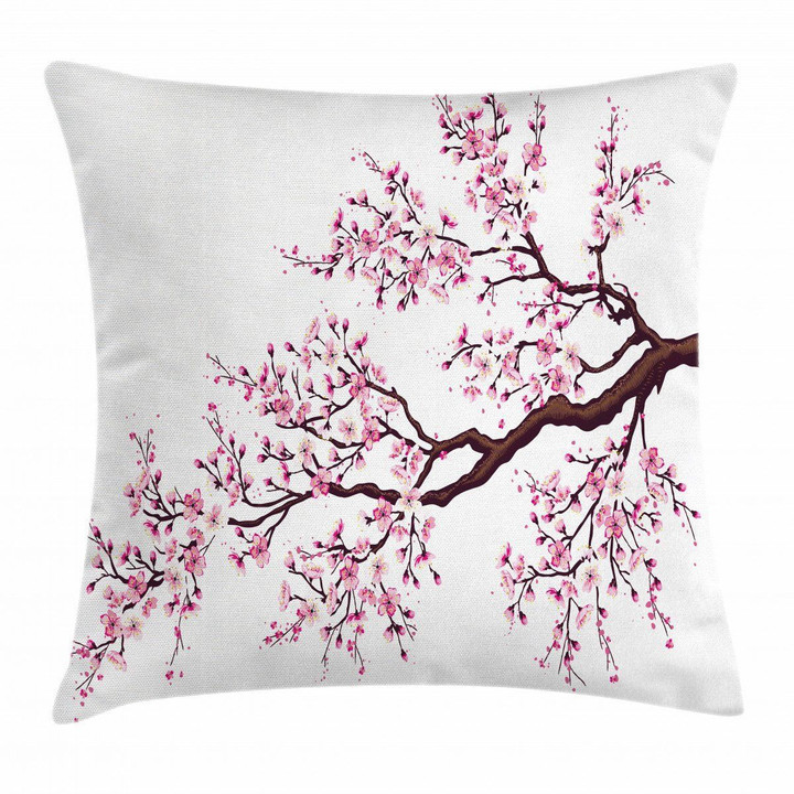 Sakura Branch Blossoms In White Pattern Printed Cushion Cover