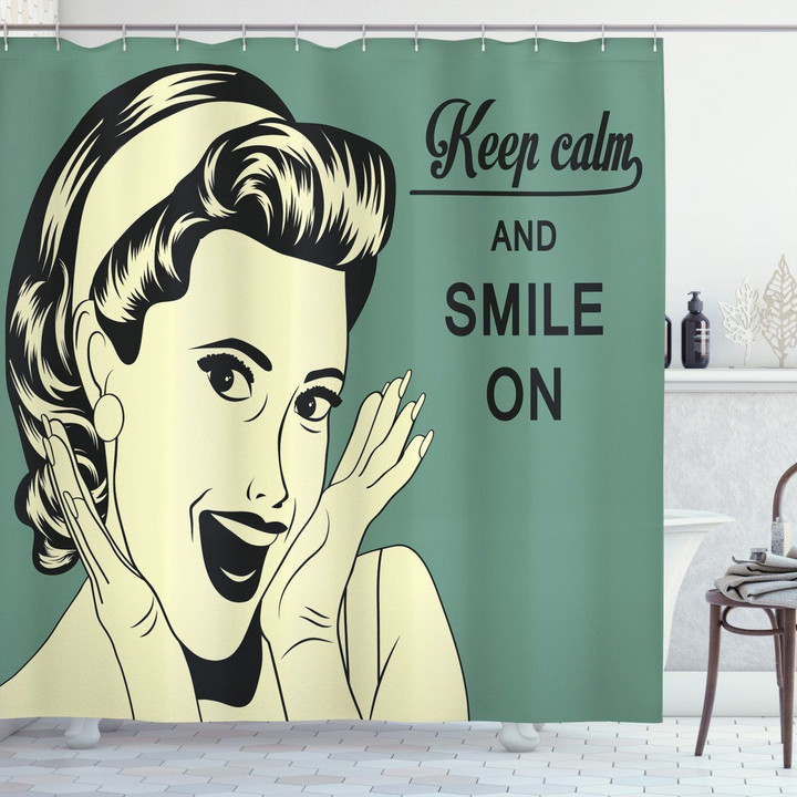 Smiling Lady Keep Calm Pattern Shower Curtain Home Decor