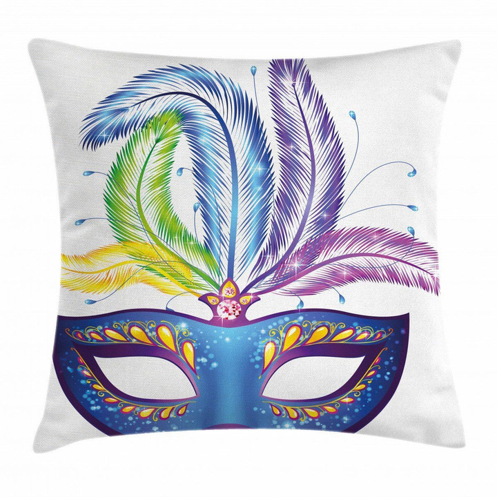 Blue Venetian Mask Feather Pattern Printed Cushion Cover