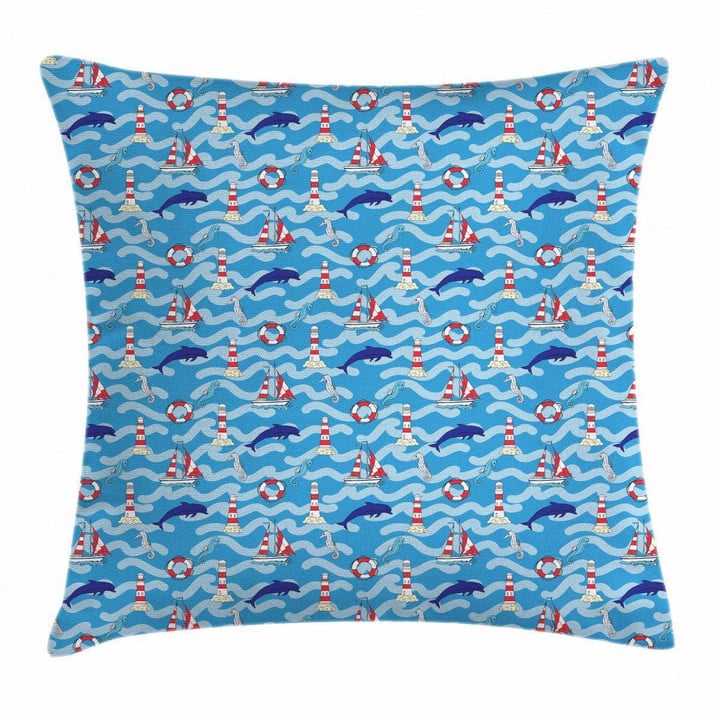 Wavy Lines Dolphins Blue Pattern Cushion Cover