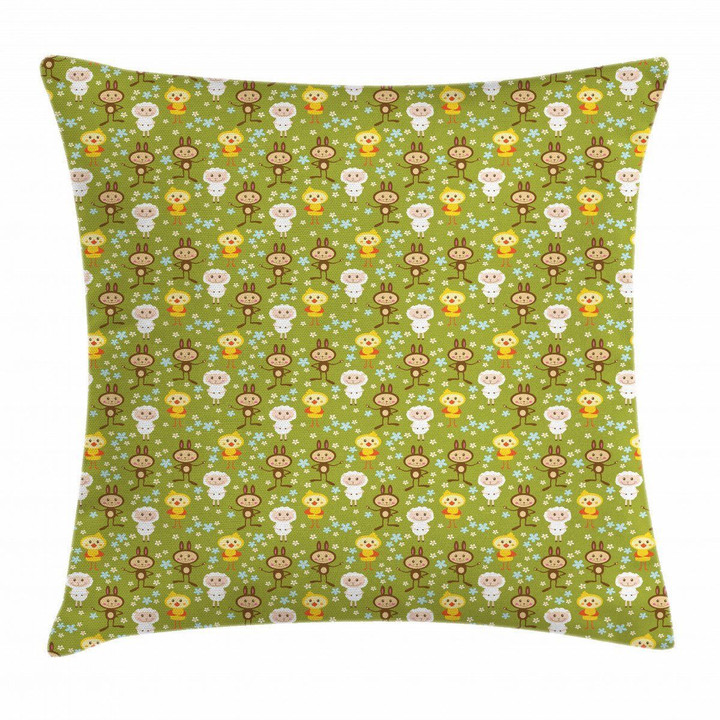 Sheep Rabbits And Chicken Green Art Pattern Printed Cushion Cover