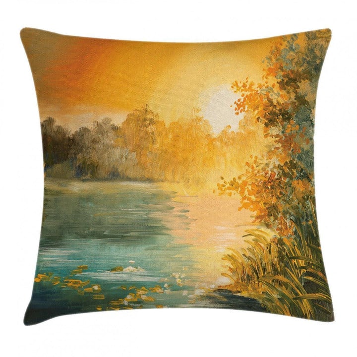 Retro Lake Scenery Art Pattern Printed Cushion Cover
