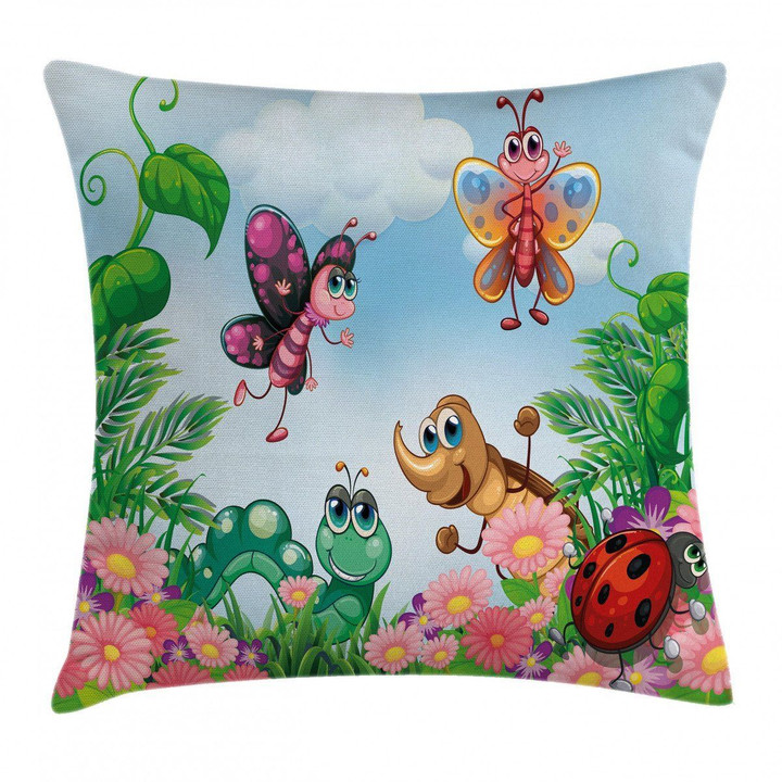Butterfly Ladybug Worm Art Printed Cushion Cover