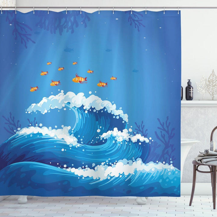 Little Orange Fish And Wave In Ocean 3d Printed Shower Curtain Bathroom Decor