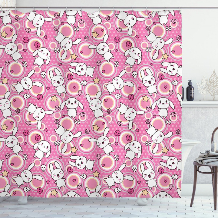 Rabbits Kids Humor Cute Pink Pattern Shower Curtain Home Decor