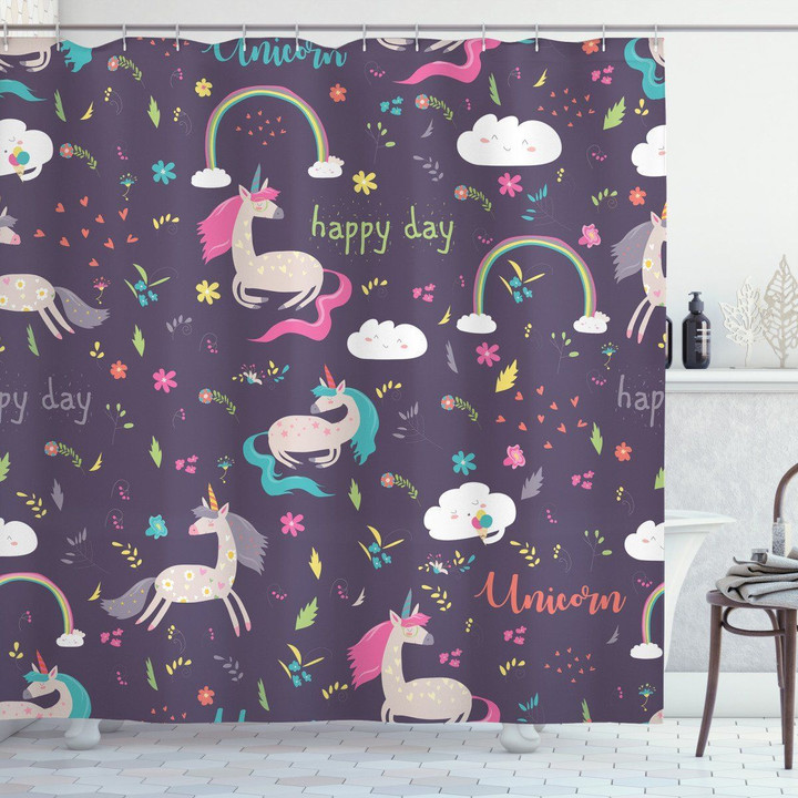 Unicorn Happy Day Fairy Animals Pattern Shower Curtain Home Decor