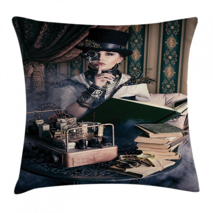 Steampunk Woman Vintage Art Printed Cushion Cover